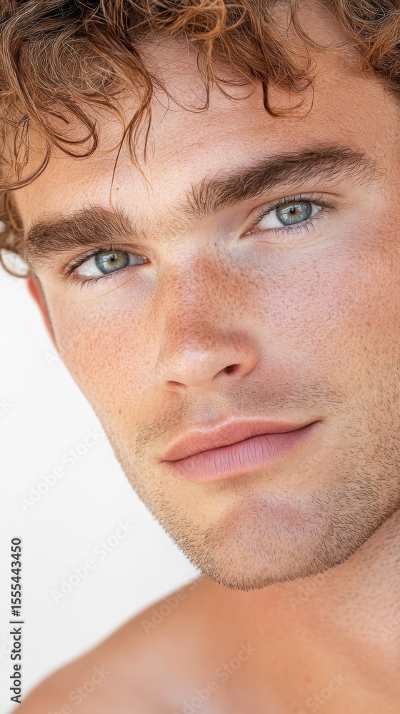 Obraz premium Raw close-up portrait of a man with textured natural hair, light stubble, minor skin imperfections, soft lighting emphasizing authentic skin and hair texture, unfiltered masculinity.
