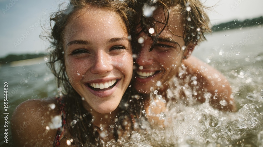 Obraz premium Happy Young Couple Splashing in Lake Water on Sunny Day