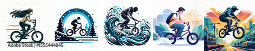 vector image people riding a BMX white background