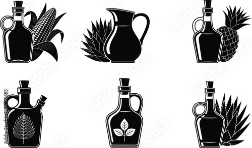 Black and white vector graphics showing different oils and plants in a simple and clean style