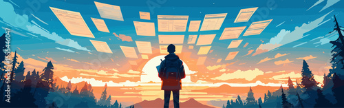 Young student overwhelmed by paper work flat vector design