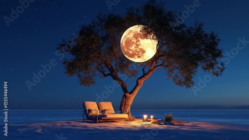 Moonlit beach escape with chairs and a tree