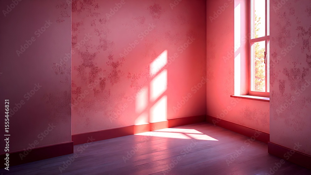 Sunlight streams through a window, casting geometric shadows on textured pink walls of an empty room with wooden flooring. Sunlight streams through a window, casting geometric shadows on textured pink walls of an empty room with wooden flooring.