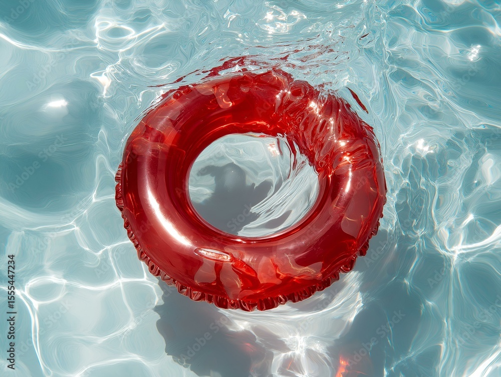 red inflatable ring in pool, top view, summer theme red inflatable ring in pool, top view, summer theme