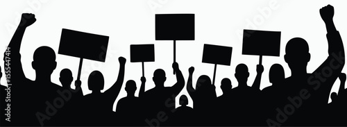 Silhouette of protesting crowd with raised fists and blank signs in a political demonstration