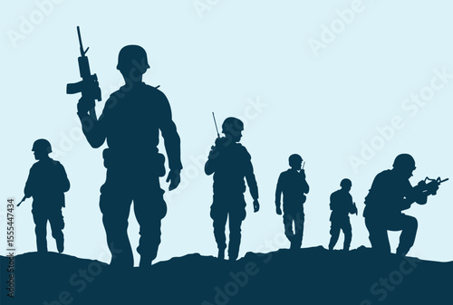 Silhouette of soldiers with guns walking and patrolling on battlefield