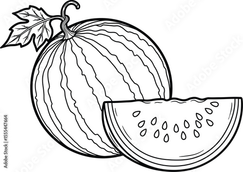 Black and white drawing of a watermelon with a slice and a leaf isolated on white background