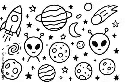 Adobe Illustrator ArCute Space Doodle Illustration with Aliens, Planets, and Stars – Hand Drawn Vector Arttwork
