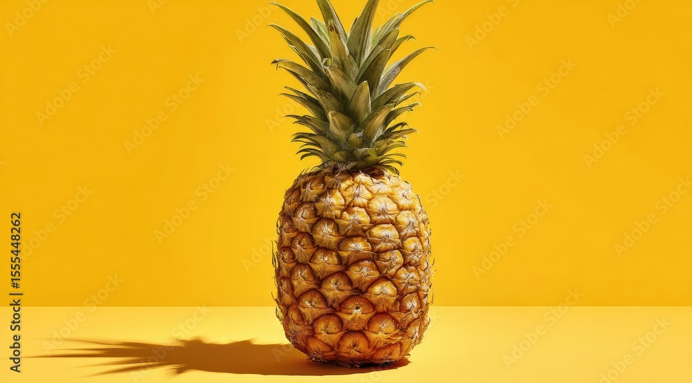 Ripe Pineapple Stands Tall Against Yellow Backdrop Ripe Pineapple Stands Tall Against Yellow Backdrop
