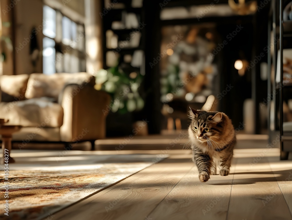 Obraz premium ginger kitten walking in sunlit room, hardwood floor, interior, domestic scene