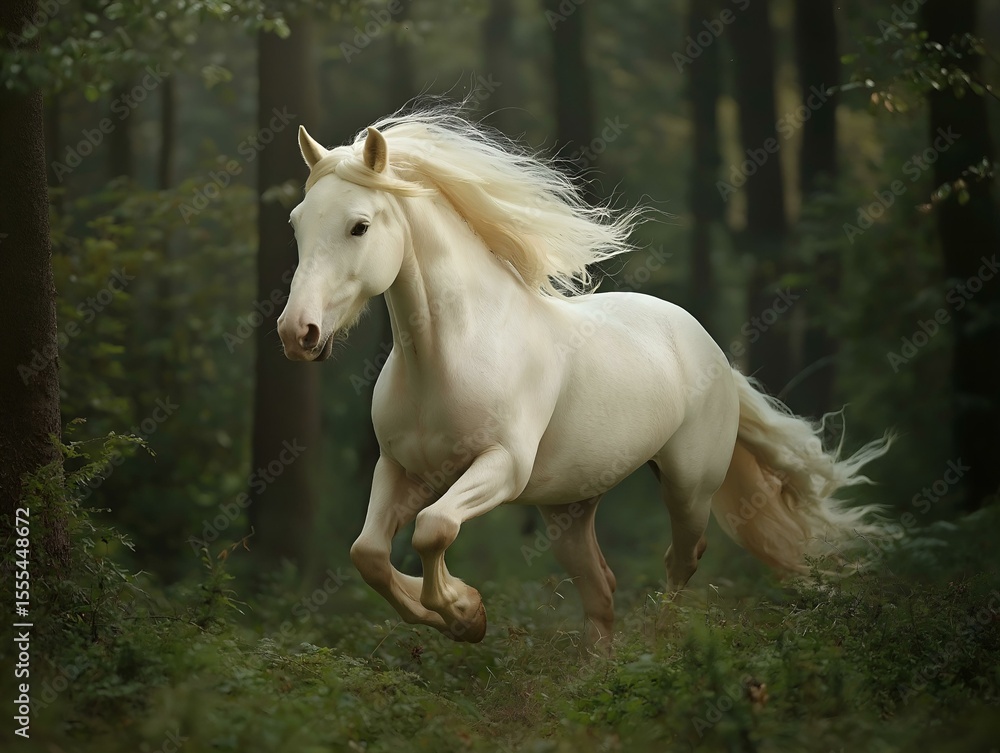 Obraz premium white horse running in forest, sunlit clearing, atmospheric perspective, powerful stride