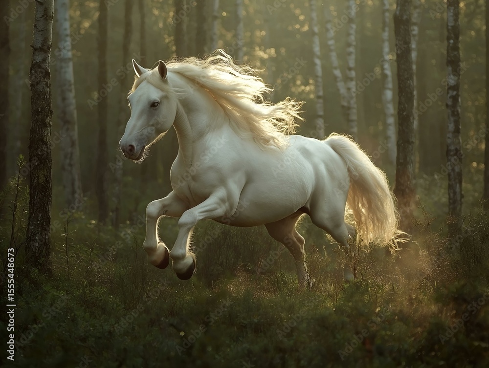 Obraz premium white horse leaping in forest, sunbeams breaking through trees, majestic movement