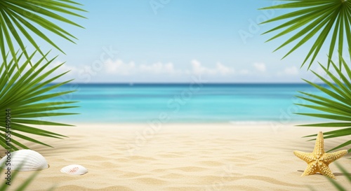 Idyllic tropical beach paradise showcasing shells and starfish on golden sand