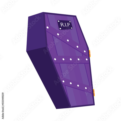 Flat vector illustration of a cute purple coffin with RIP sign in cartoon style. Great for Halloween party invitations, decorations, posters, spooky-themed marketing, and fun seasonal graphic projects