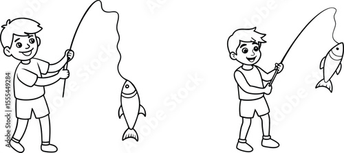 a boy who catching fish by hook for kids coloing book