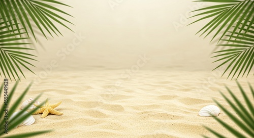 Tropical paradise backdrop featuring sandy beach, seashells and palm fronds