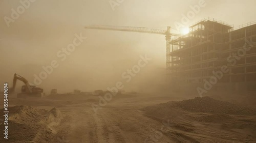 Construction site engulfed in sandstorm cranes looming