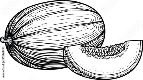 Illustration of a whole cantaloupe and a slice with seeds in black and white line drawing style