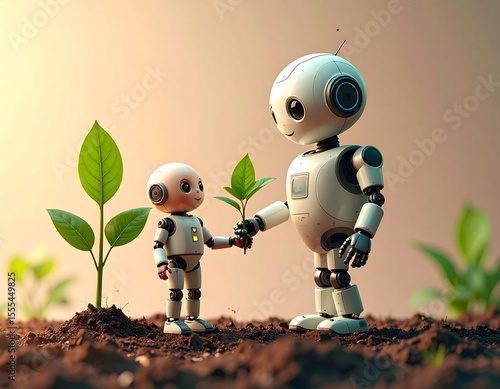 A heartwarming scene of robotic figures exchanging a sapling, symbolizing the care for the environment, futuristic technology.