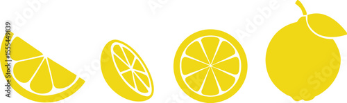 Illustration of a whole lemon and lemon slices arranged in a row on a white background