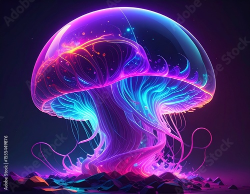 A captivating and luminous jellyfish, glowing with neon colors. Witness the vibrant beauty and alien-like appearance of this exquisite sea creature.