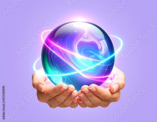 A person's gentle hands cradle a luminous orb, representing limitless potential and cosmic energy with a sense of wonder and mystery. The sphere emits an ethereal glow against a minimalist background.