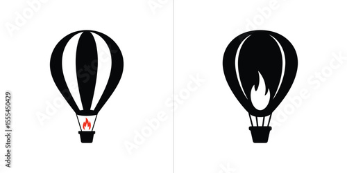 Black and White Hot Air Balloon Illustrations with Burning Fire and Basket on White