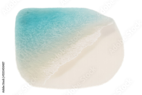 Pristine white sandy shoreline merging with tranquil turquoise waters, transparent overlay perfect for travel design concepts