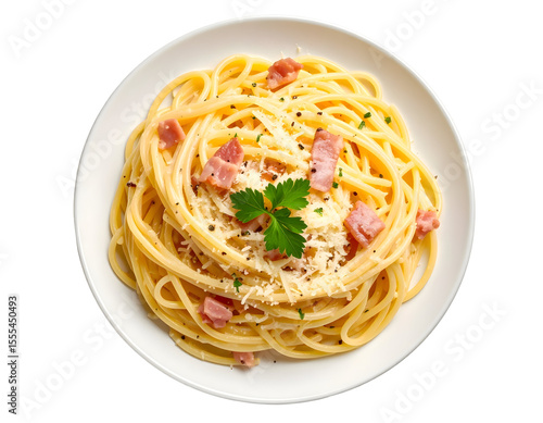 Classic carbonara pasta on white plate