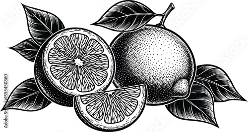 Engraved citrus fruit with leaves whole half and slice in black and white detailed illustration