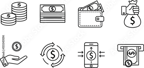A collection of financial icons depicting money, wallets, transactions, and mobile payments in line art