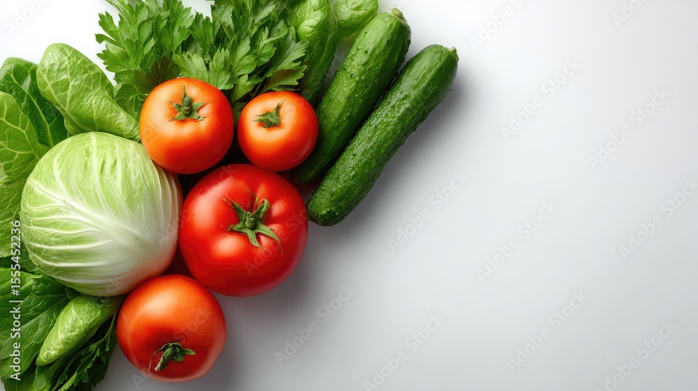 Fresh and Colorful Arrangement of Various Vegetables Including Cabbage, Cucumbers, Tomatoes, and Fresh Green Herbs on a Light Background Ideal for Healthy Eating and Cooking Themes Fresh and Colorful Arrangement of Various Vegetables Including Cabbage, Cucumbers, Tomatoes, and Fresh Green Herbs on a Light Background Ideal for Healthy Eating and Cooking Themes