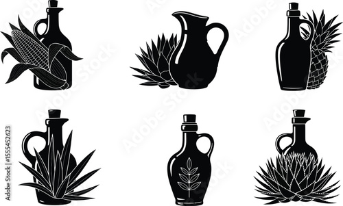Black and white vector illustration of oil jugs with corn pineapple and agave plants around them