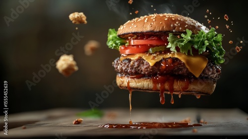 Juicy burger captured in midair, with sauces and crumbs dripping suspended generative ai