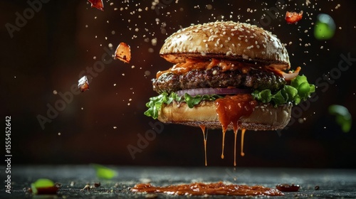 Juicy burger captured in midair, with sauces and crumbs dripping suspended generative ai