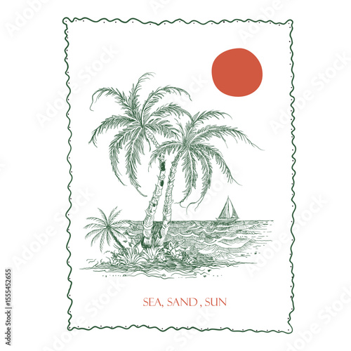 Hand Drawn tropical beach. the beach club slogan text. summer beach graphics.  Womens girls graphics. print design. vintage retro artwork. poster design.