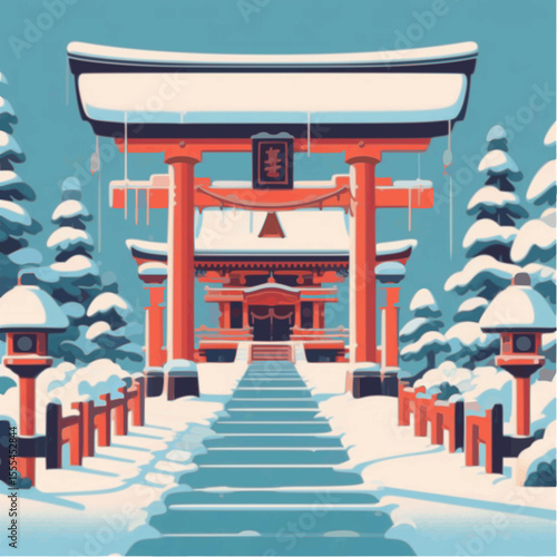 Japanese winter shrine with torii gates and snow-covered paths