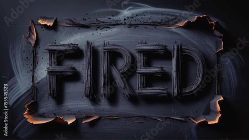 Burned "FIRED" Text Illustration with Charred Edges, Smoldering Flames, and Dark Dramatic Background for Termination Concepts