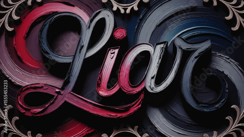 Elegant Brush Script "Liar" Text Art in Red and Blue Swirl Background, Ornate Decorative Typography, Conceptual Digital Illustration