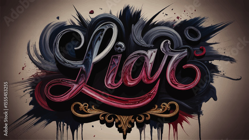 Dramatic Artistic "Liar" Typography with Paint Splatter, Swirl Effects, and Ornate Gold Elements on Grunge Background