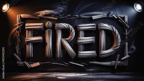 Dramatic "Fired" Text Illustration in Wood Plank Style with Spotlight Lighting on Dark Background, Creative Job Loss Concept Art