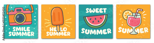 Cute summer icons collection with cartoon style, including camera, popsicle, watermelon, and cocktail