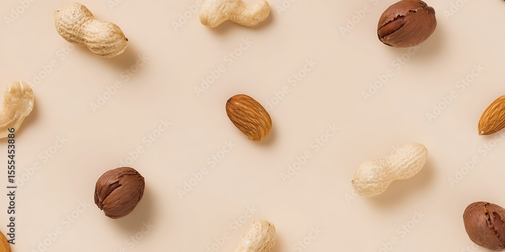 Assorted nuts flat lay on beige Assorted nuts flat lay on beige