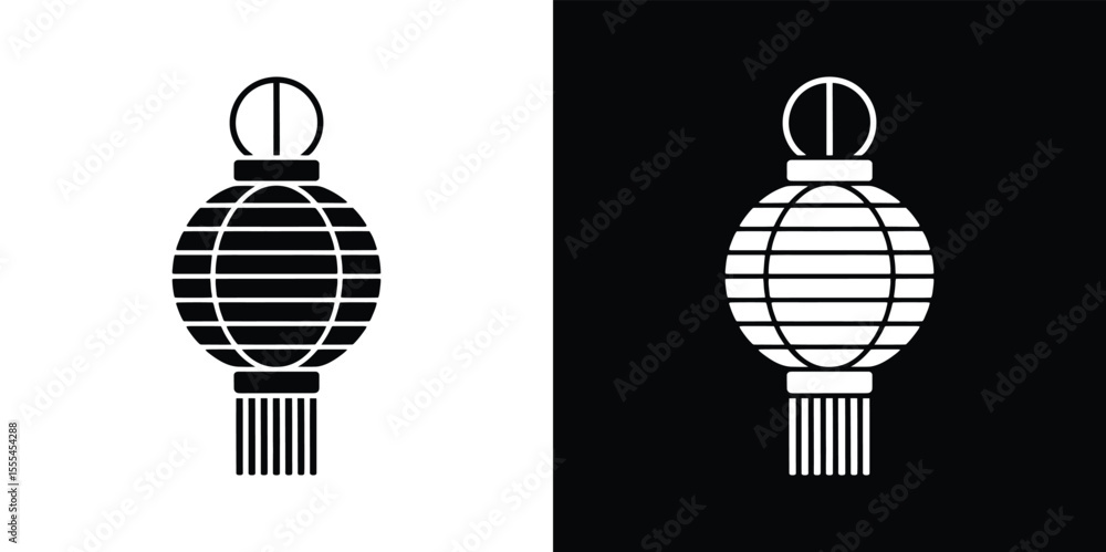 Fototapeta premium Black and White Silhouette of a Striped Round Lantern with Tassel Decoration