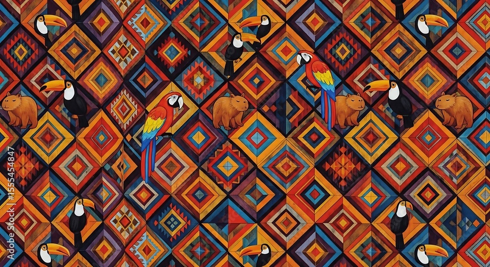 Colorful geometric pattern with toucans parrots and capybaras seamless vector design art print decor Colorful geometric pattern with toucans parrots and capybaras seamless vector design art print decor