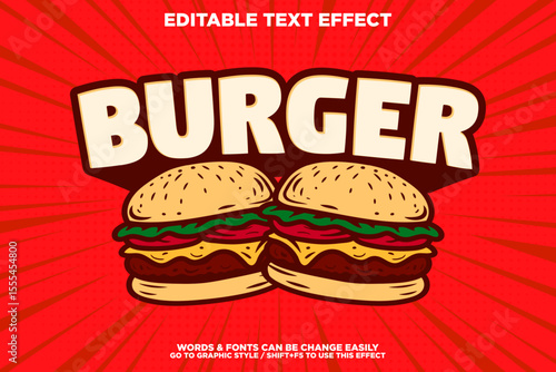 vintage retro style editable text effect with burger illustration for store banner or poster and tshirt printing