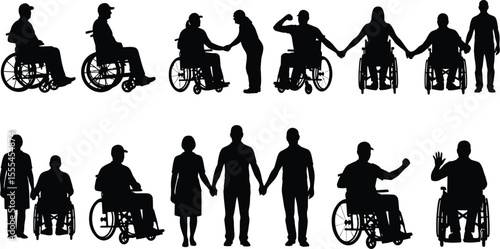 Silhouettes of people with disabilities and their companions holding hands and in wheelchairs