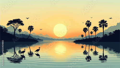 Serene Tropical Lake Sunrise with Silhouette Birds, Palm Trees, and Reflections – Peaceful Nature Landscape Illustration