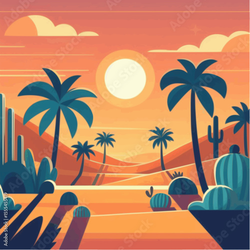 Desert oasis with palm tree shadow and sunset in flat style