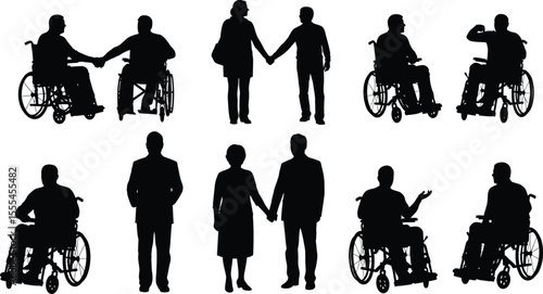 Silhouettes of people in wheelchairs and standing couples holding hands on a white background